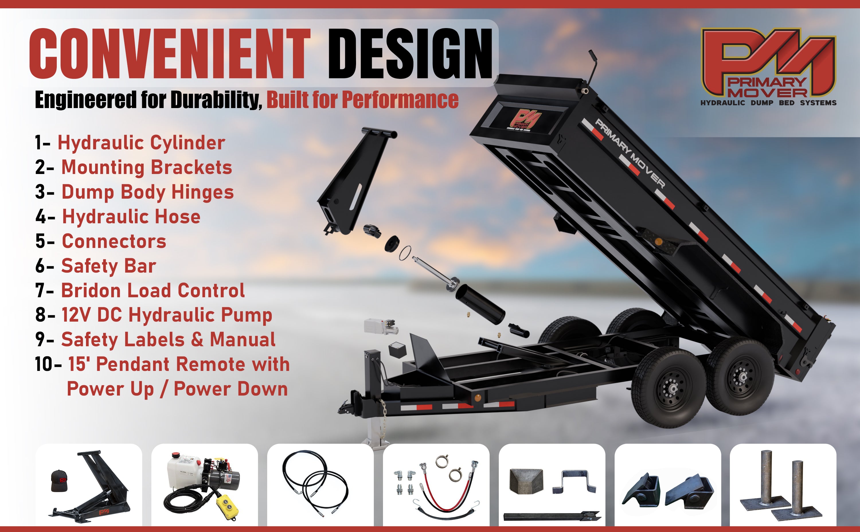 Hydraulic Scissor Hoist Kit - 12 Ton Capacity - Fits 16-20' Dump Body | PF-625: Trailer with lift, wheel close-up, logo detail, and hydraulic components. Reliable, durable hoist for dump trailers. Includes cylinder, mounting brackets, hydraulic pump, and more.