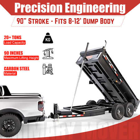 Alt text: Telescopic Dump Trailer Cylinder Kit with 90 stroke and 20-ton capacity, attached to a black trailer to fit 10-12' dump bodies.