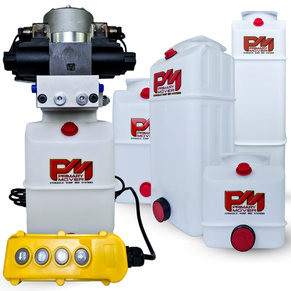 Primary Mover 12V Dual Double-Acting Hydraulic Power Unit | Poly – compact white unit with red buttons, designed for efficient hydraulic operations in dump trailers and trucks.