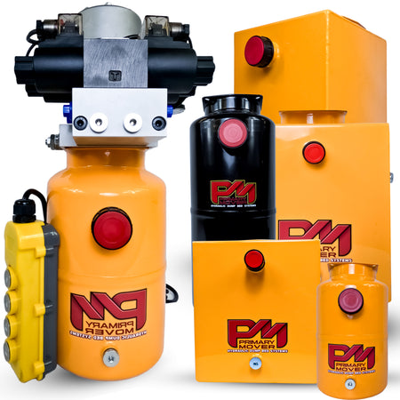 Primary Mover 12V Dual Double-Acting Hydraulic Power Unit: a compact black and yellow machine with red buttons and a yellow box featuring red text. Used for any truck or trailer application. 1/2 ton truck dump bed kit.