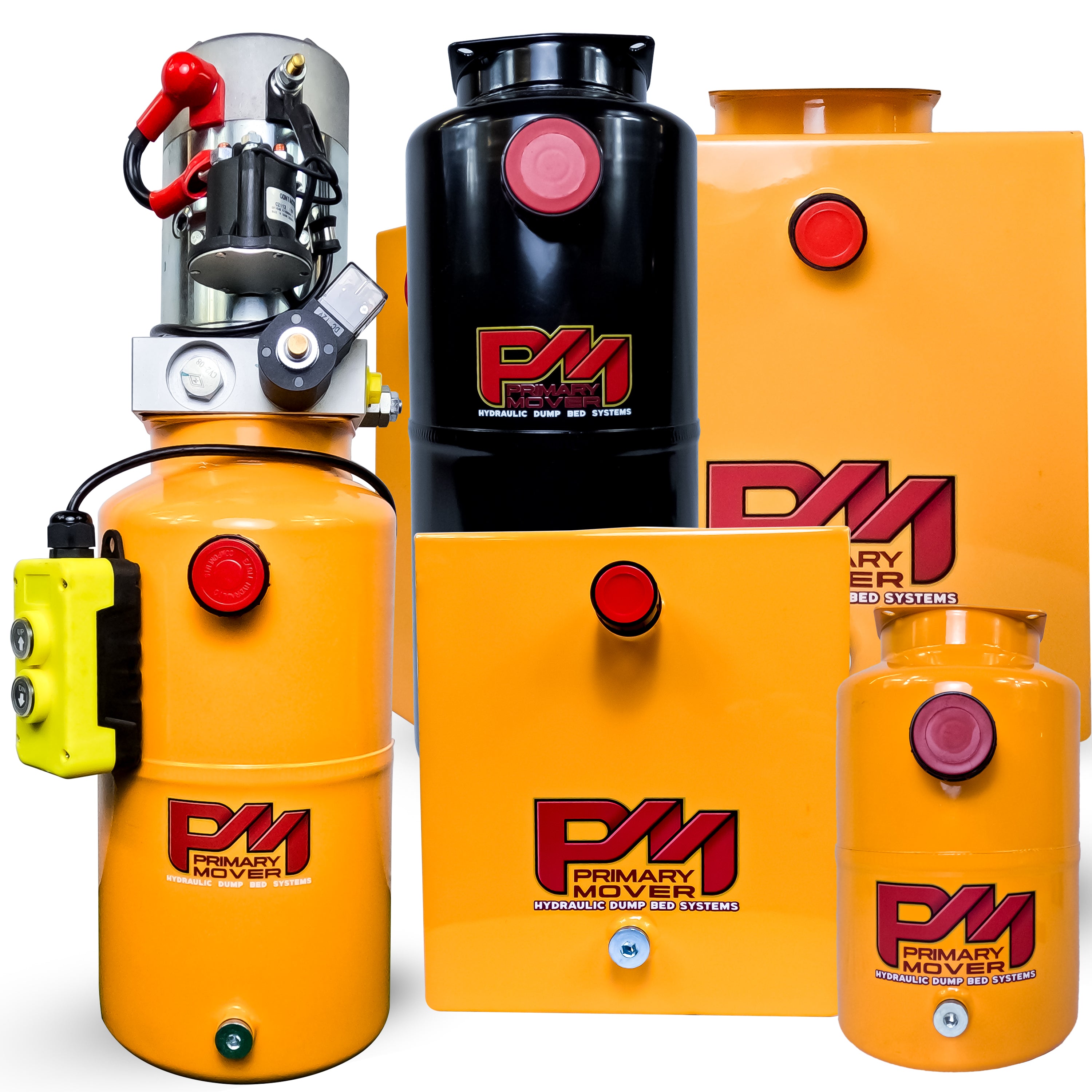 Primary Mover 12V Single-Acting Hydraulic Pump - Steel Reservoir with various yellow and black containers, red cap, and buttons displayed.