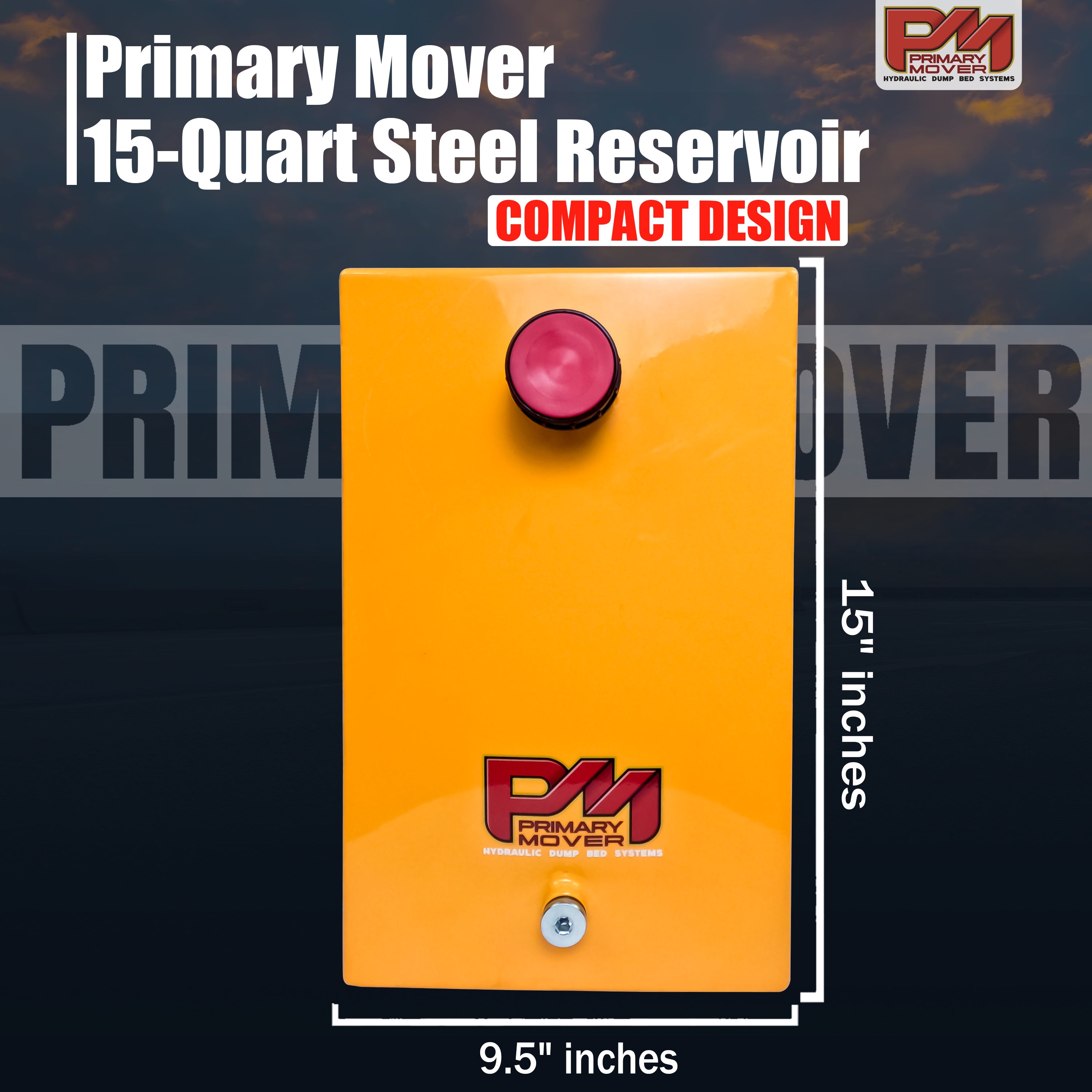 Hydraulic Power Unit Replacement Reservoir 15 Quart Steel featuring a yellow box with a red button, designed for versatile hydraulic system applications.