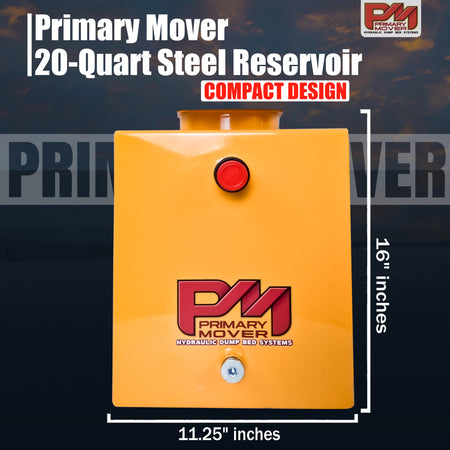 Hydraulic Power Unit Replacement Reservoir 20 Quart Steel featuring a yellow box with a red button, designed for durable, versatile hydraulic pump applications.