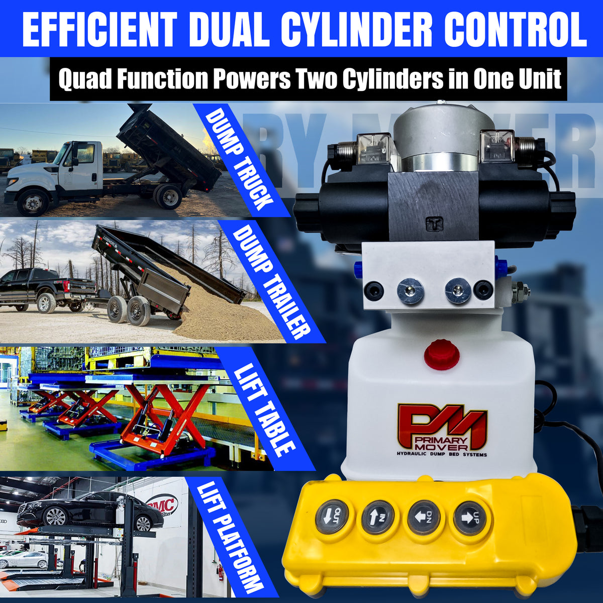 Primary Mover 12V Dual Double-Acting Hydraulic Power Unit: Compact, robust unit for dump trailers and trucks, enabling four hydraulic actions simultaneously.