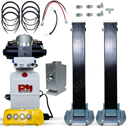 24k Double Hydraulic Trailer Jack Leg Kit Weld On or Bolt On with robust hydraulic system, load holding valve, and zinc-plated components for durable and stable towing.