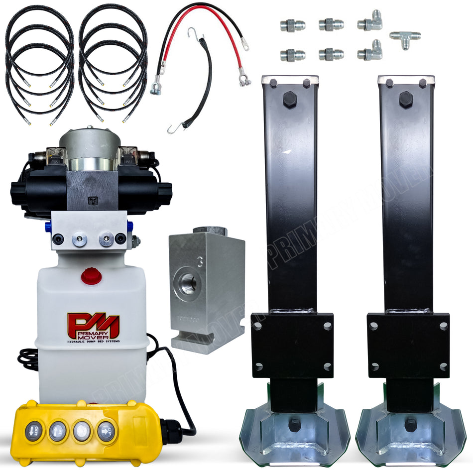 24k Double Hydraulic Trailer Jack Leg Kit with a yellow and black device, hydraulic hoses, load holding valve, and zinc-plated components for heavy-duty towing.