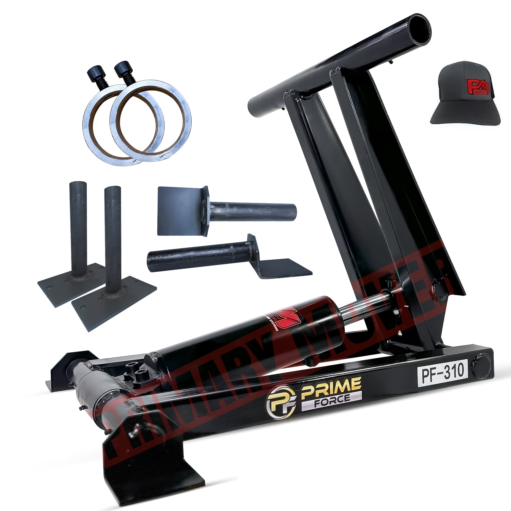 PF-310 Scissor Hoist Dump Trailer Kit with black metal parts, circular metal rings, close-up logo, and visible hydraulic components. Ideal for compact spaces and 3-ton capacity.