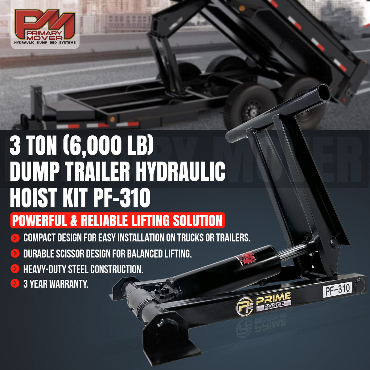 PF-310 3 Ton Scissor Hoist Kit shown with a trailer hitch, highlighting its compact design and robust build for efficient lifting in limited spaces.