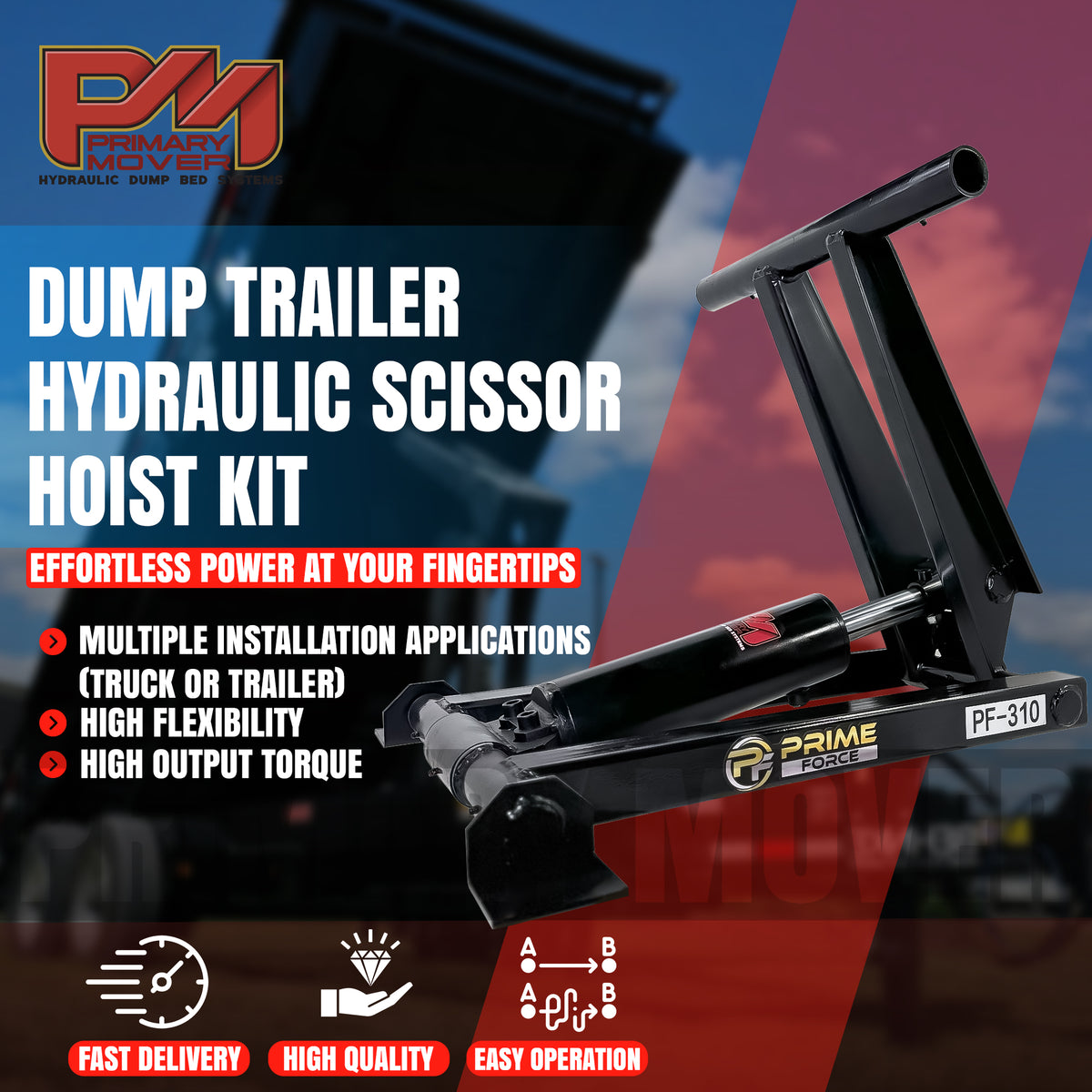 PF-310 Scissor Hoist Dump Trailer Kit, featuring a compact black metal device with superior lifting capability and durability for limited space applications in dump trailers.