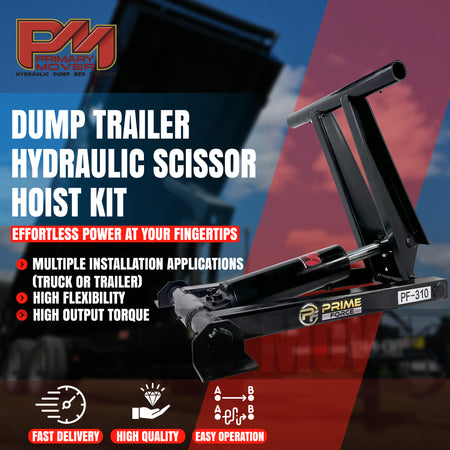 3 Ton Hydraulic Scissor Hoist Kit PF-310 on black metal, featuring durable cylinder, compact design, ideal for limited space dump trailers.