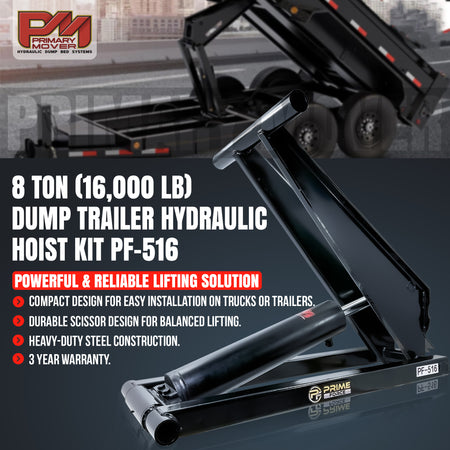 Hydraulic Scissor Hoist Kit - 8 Ton Capacity, featuring black metal components, includes cylinder, mounting brackets, and hydraulic pump, ideal for 10-14' dump bodies.