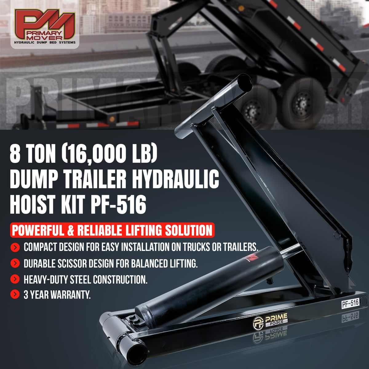 Hydraulic Scissor Hoist Kit - 8 Ton Capacity, black trailer hitch and components, suitable for 10-14' dump body, seen with tire and logo.