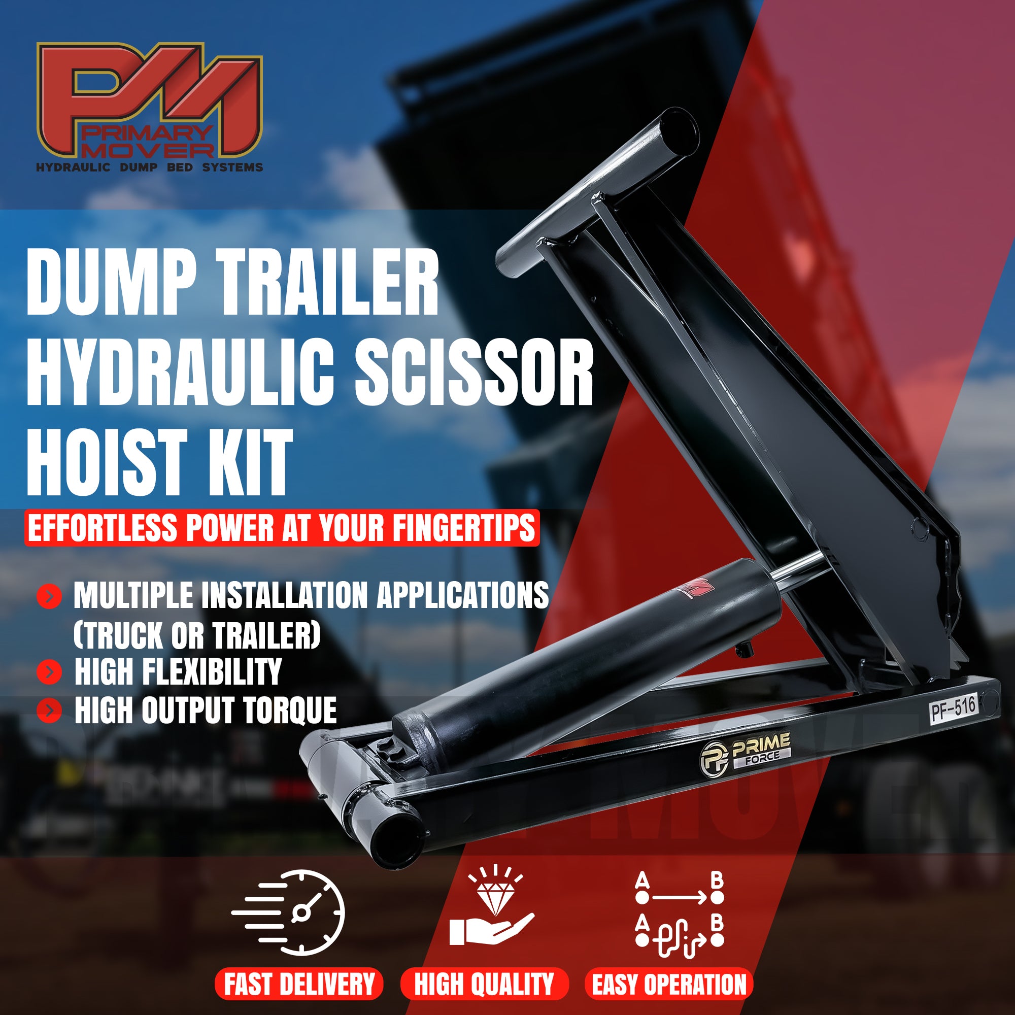 Hydraulic Scissor Hoist Kit - 8 Ton Capacity for 10-14' Dump Body, featuring a black metal scissor lifter with visible black tube components.