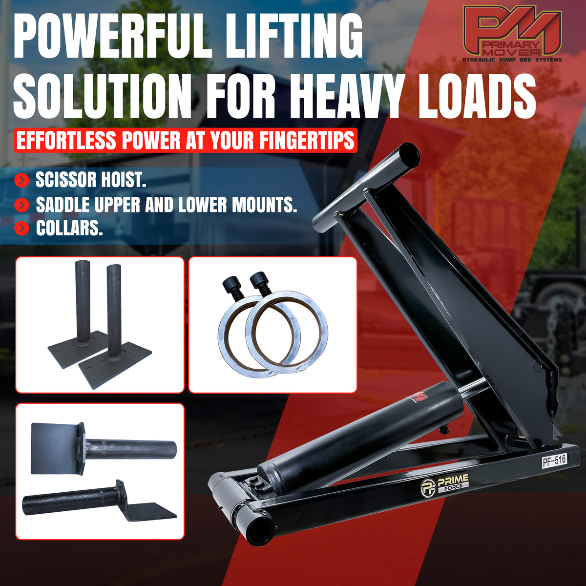 Hydraulic Scissor Hoist Kit - 8 Ton Capacity. Features black metal stand, rings, and poles for 10-14' dump trailers. Includes cylinder, brackets, and hydraulic pump.