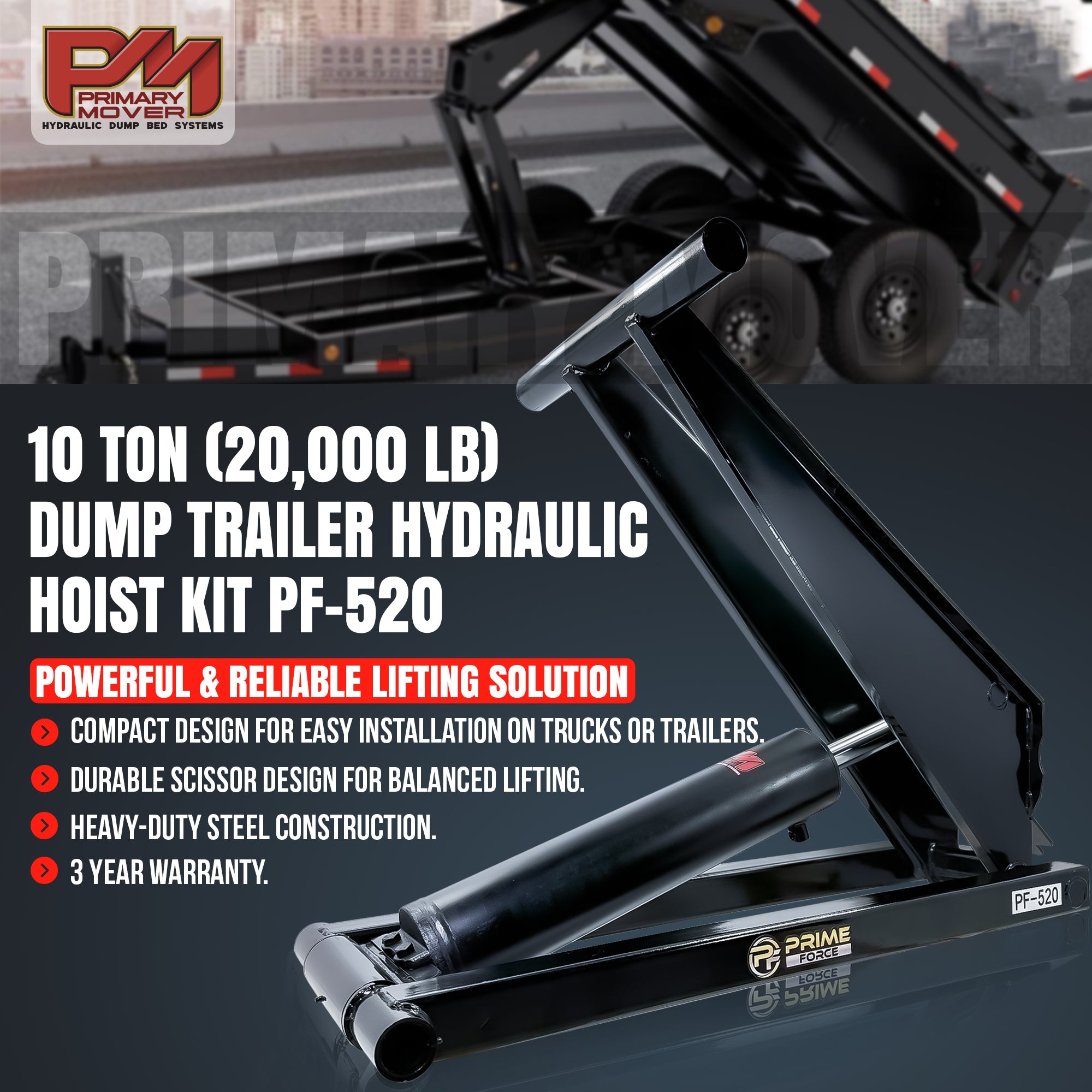 10 Ton Hydraulic Scissor Hoist Kit PF-520, showcasing a black trailer hitch and tire, with a focus on durability and lifting capacity for 12-16' dump bodies.