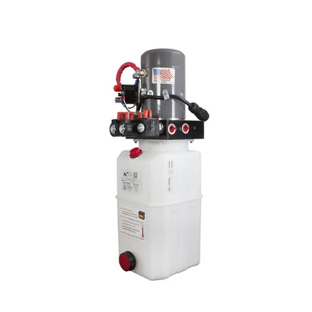 12VDC KTI Dual Double Power Unit featuring a grey cylinder with red buttons, designed for hydraulic systems, offering dual double-acting functionality and customizable tank sizes.