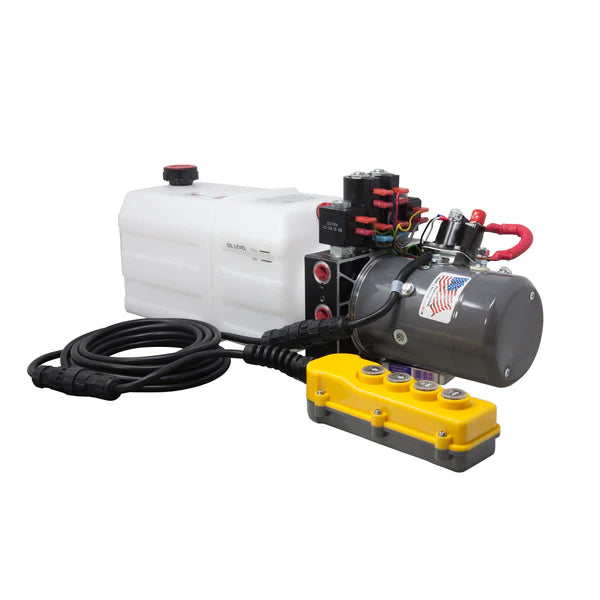 12VDC KTI Dual Double Power Unit showcasing a compact machine with a grey cylinder and a white container, ideal for hydraulic control in versatile applications.