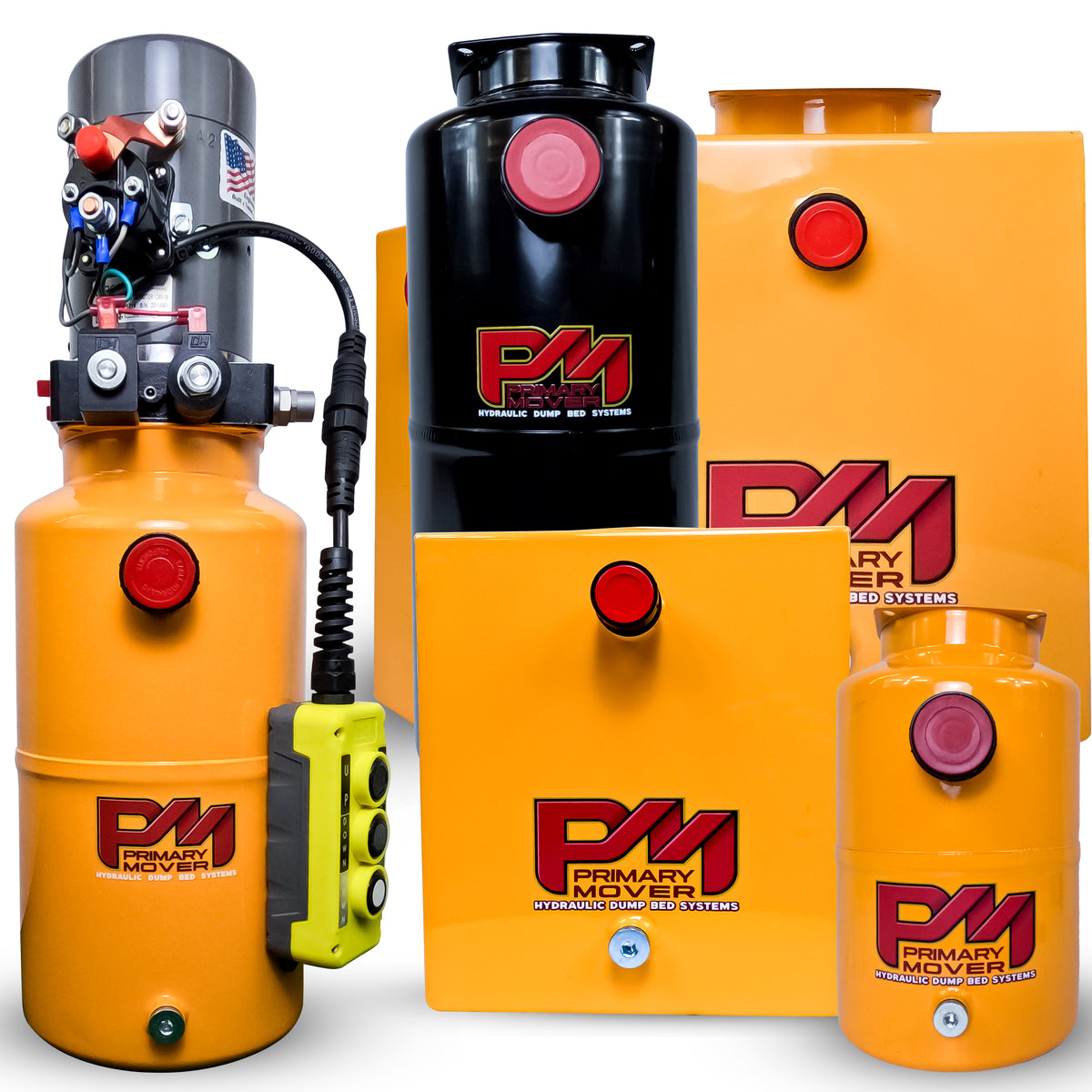 KTI 12V Double-Acting Hydraulic Pump - Steel Reservoir, featuring robust yellow and black containers, durable construction, and multiple reservoir sizes for efficient heavy-duty hydraulic applications.