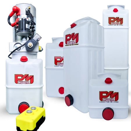 Primary Mover 12V Single-Acting Hydraulic Pump with Poly Reservoir, featuring a white container, red lid, and handheld pendant for hydraulic dump bed systems.