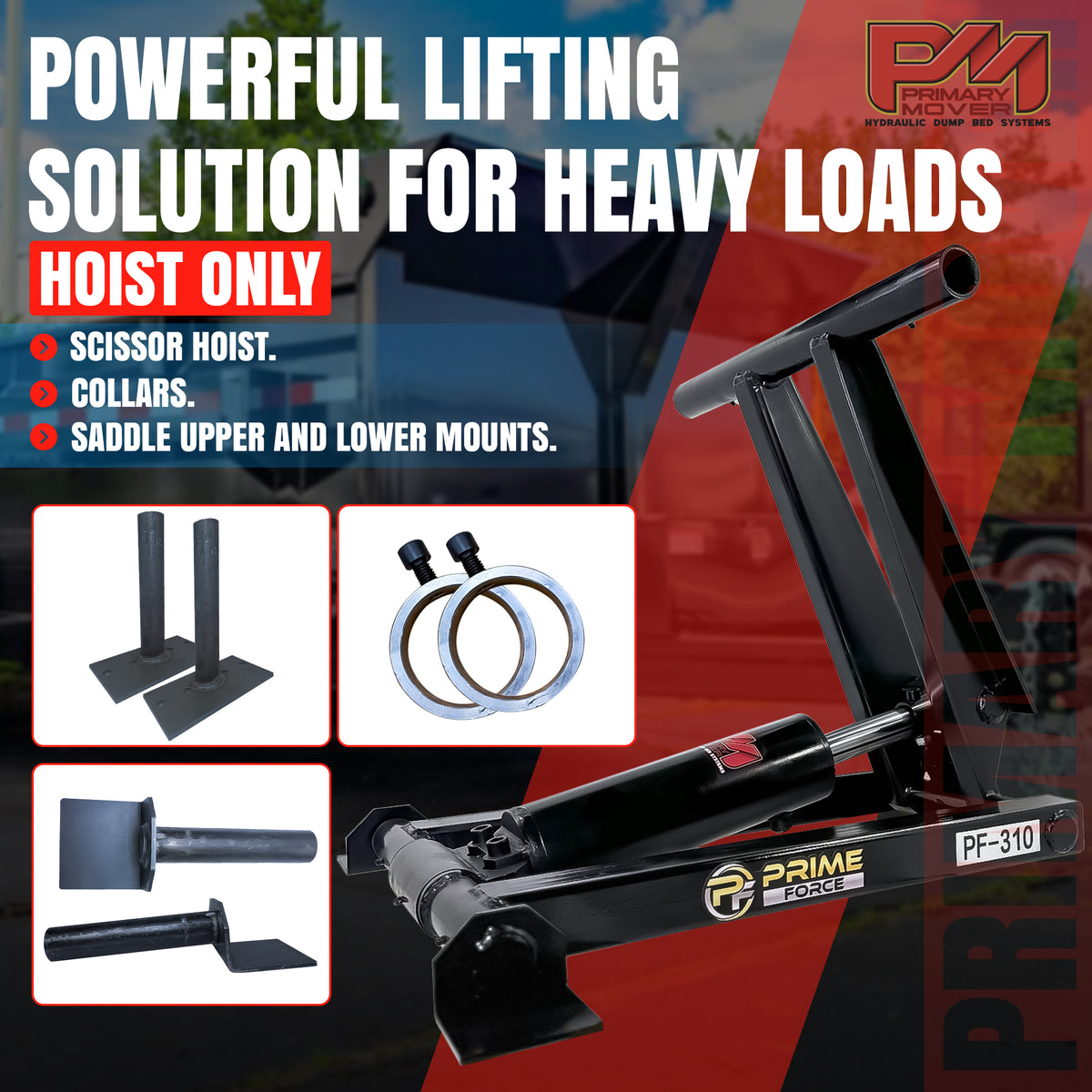 3 Ton Hydraulic Scissor Hoist Kit for 8-10' Dump Body - PF-310, featuring a compact, durable design with metal rings and mounting components visible.