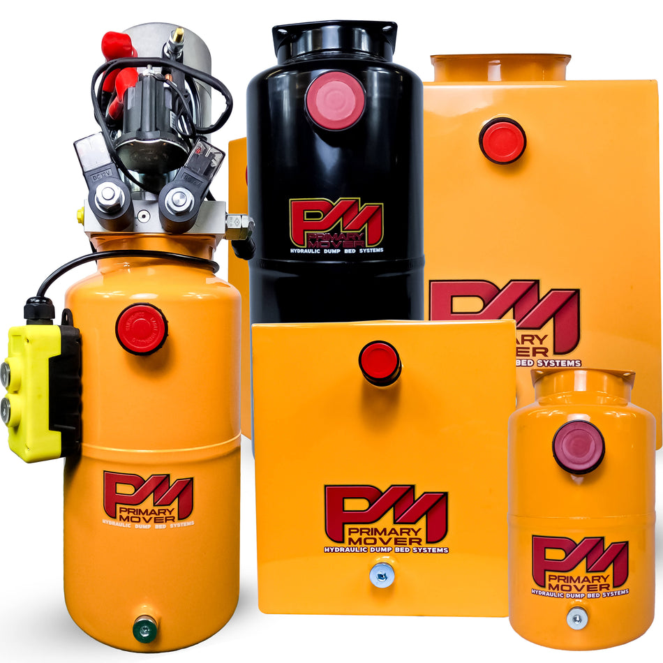 Primary Mover 12V Double-Acting Hydraulic Pump - Steel Reservoir, shown with various components including hoses, fittings, and a handheld pendant.